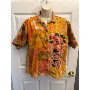 Urban Outfitters Kimchi Blue Terry Button-Down souvenir Shirt orange floral XS